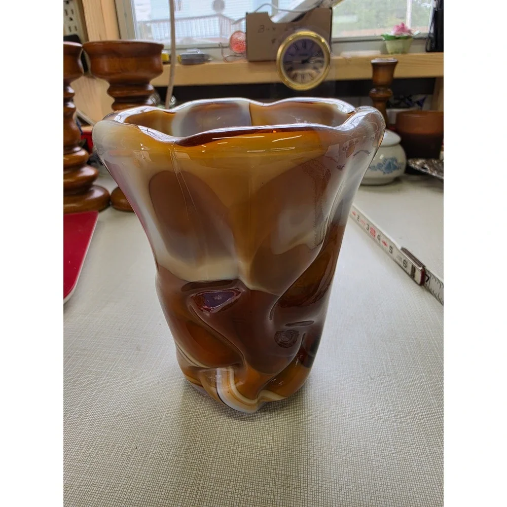 Vintage Imperial Glass Slag Glass Vase Caramel Slag IG Mark Ruffled Rim 5.5in